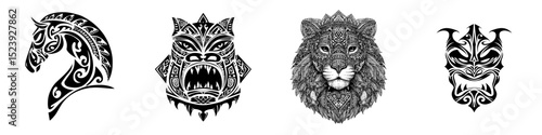New Zealand's Polynesian predator beast head is depicted in a Maori tribal animal tattoo, also symbolizing a Samoan culture totem and Hawaiian tribe motif