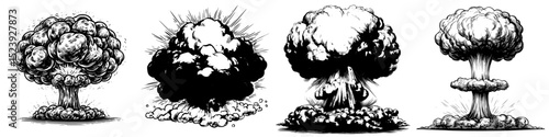 A cartoon comic depiction of a fire bomb explosion showcases a blast effect accompanied by a smoke boom cloud, symbolizing the intense energy release of an atomic impact