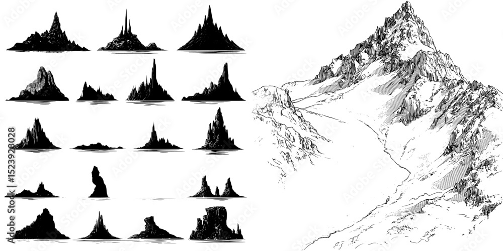 Fototapeta premium The landscape features mountain, hill, and rock black silhouettes, as well as mount peak or canyon range and alpine valley hills silhouette icons that symbolize hiking, camping, or climbing sport and