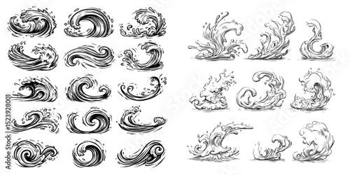 The depiction of fluid dynamics in cartoon water splash effects showcases splashing, droplets, and ripples in motion