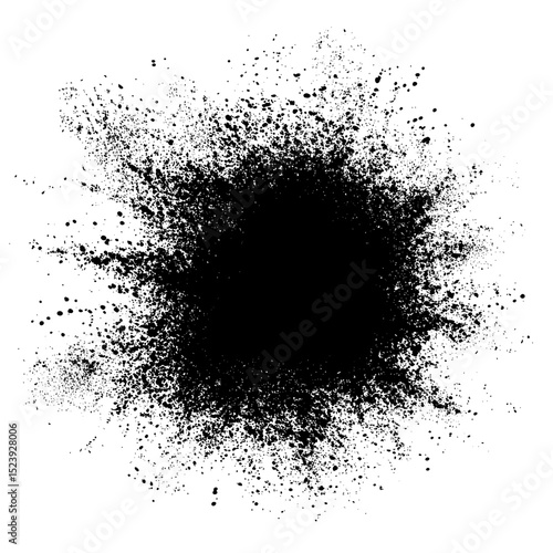 A modern set of irregularly shaped black dust, sand or particle dispersions, as dense, grainy clusters that gradually dissipate into scattered specks, forms an abstract, textural pattern known as