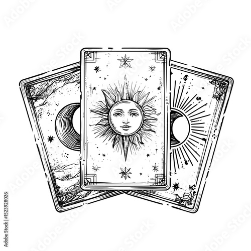 Tarot cards that have magical occult symbols, esoteric signs, and mystic symbols can be found in modern reverse decks, including those with golden lined sun, moon, and star in celestial frames that