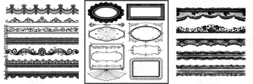 A modern set featuring scallop lace edge frames, borders, dividers, fabric patterns, and frill ribbons is presented
