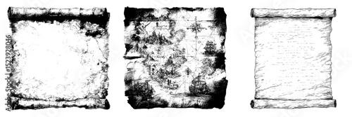 A vintage paper scroll, an old manuscript, an ancient treasure map parchment, or an antique papyrus, are isolated modern time-worn relics or artifacts that evoke a sense of history, mystery,