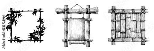 A bamboo frame adorned with wooden sticks borders or a wooden sign board set against a modern background, featuring a bamboo frame composed of sticks tied with rope for a signboard, reminiscent of a