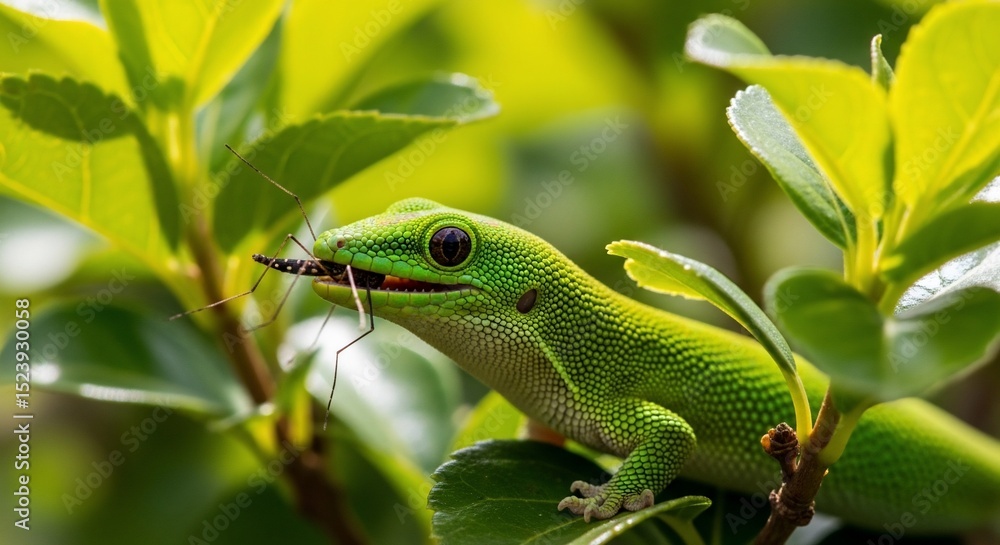 Fototapeta premium Green gecko feasting on an insect