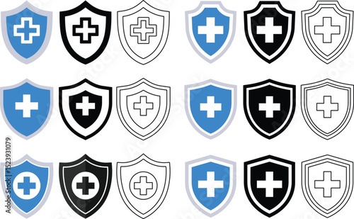 Various shield icons featuring a cross symbol representing healthcare or medical protection