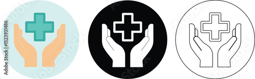 Healthcare medical symbol icon featuring hands holding a cross symbol for medical assistance
