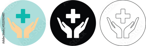 Healthcare symbol featuring cross and hands icon representing health and medical assistance support