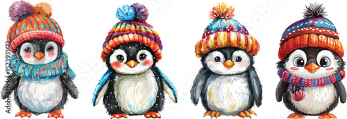 Cute Penguins Vector Illustration: Collection of Adorable Birds in Winter Hats, Isolated on White Background.