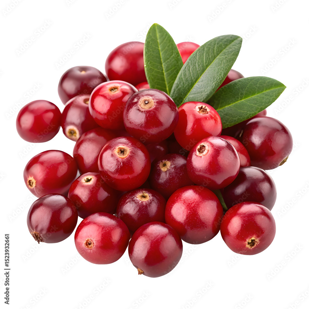 Pile of vibrant cranberries with green leaves, isolated on transparent background Pile of vibrant cranberries with green leaves, isolated on transparent background