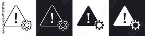 Technical warning icons collection in black and white filled and line versions