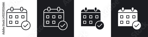 Calendar check icons collection in black and white filled and line versions