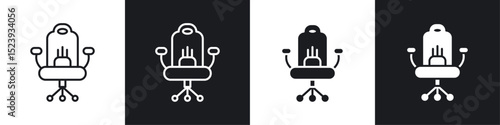 Gaming chair icons collection in black and white filled and line versions