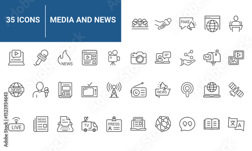 News media Web Icon Set in Line Style. Collection of Mass media Linear Icons, Including tv, radio, newspaper, magazine, news, broadcasting, press, interview, journalism and more. Editable Stroke