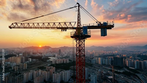 Tower crane over city skyline during vibrant sunset transition