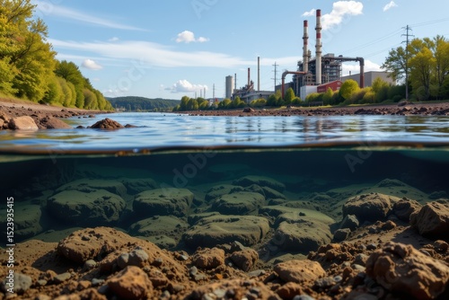 toxic sludge settling at the bottom of a river near a chemical plant, disturbing sediment and harming benthic organisms critical to the ecosystem