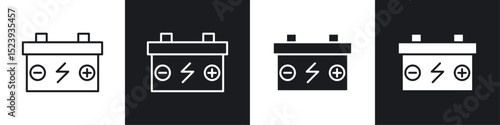 Car battery icons collection in black and white filled and line versions