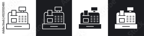 Cash register icons collection in black and white filled and line versions