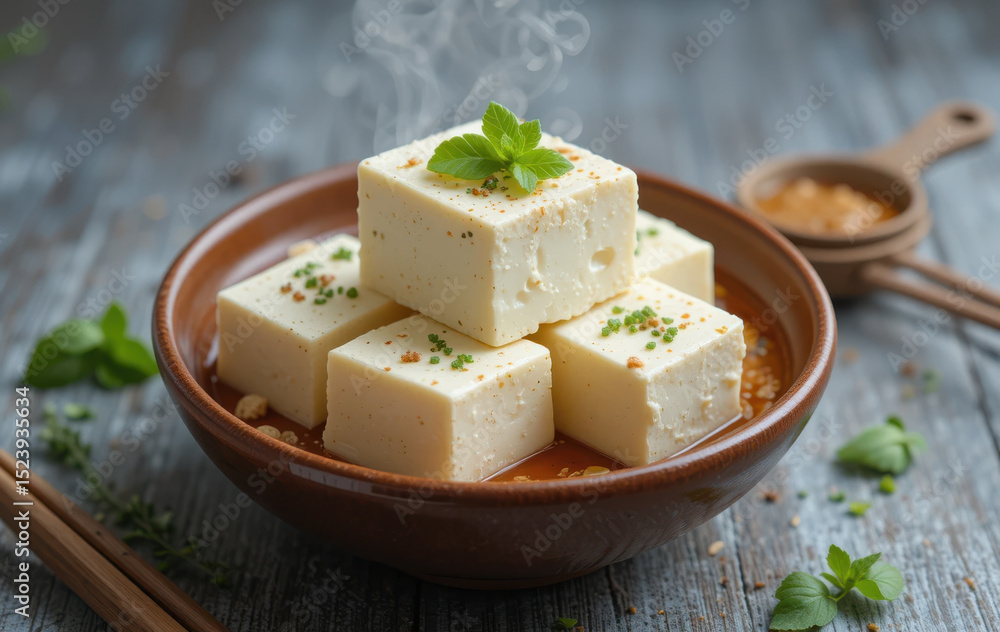 Delicious tofu cubes topped with herbs and antioxidants create healthy dish Delicious tofu cubes topped with herbs and antioxidants create healthy dish