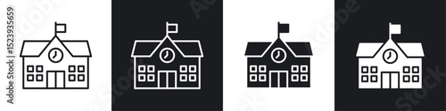 School icons collection in black and white filled and line versions