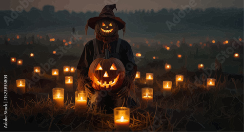 A scarecrow stands in a field, surrounded by a pumpkin and flickering candles, creating a festive autumn atmosphere.  