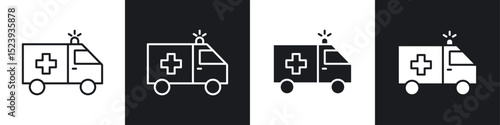 Ambulance icons collection in black and white filled and line versions