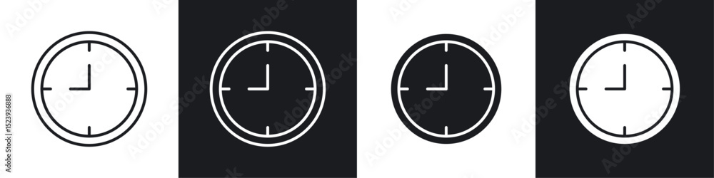 Clock nine icons collection in black and white filled and line versions Clock nine icons collection in black and white filled and line versions
