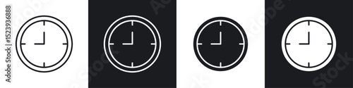 Clock nine icons collection in black and white filled and line versions