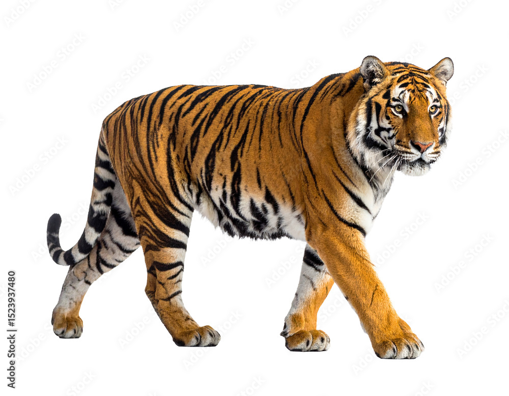 Obraz premium Majestic bengal tiger walking isolated on transparent background