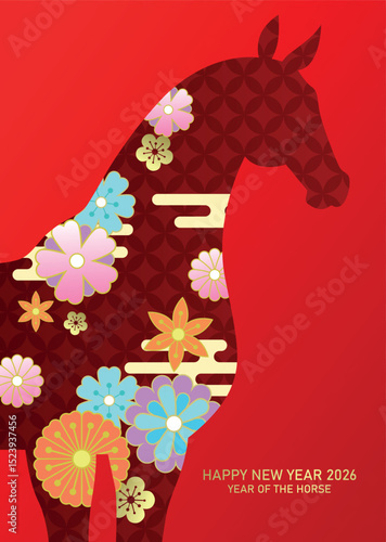 Zodiac horse head profile with floral pattern. Chinese new year of the horse 2026 poster with horse portrait silhouette.