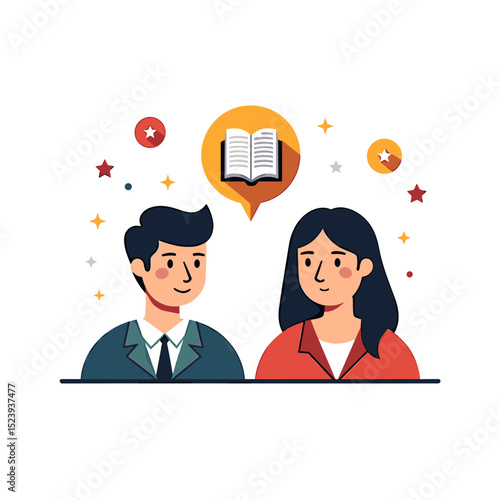 Illustration of a Man and Woman Discussing a Book, Surrounded by Decorative Elements
