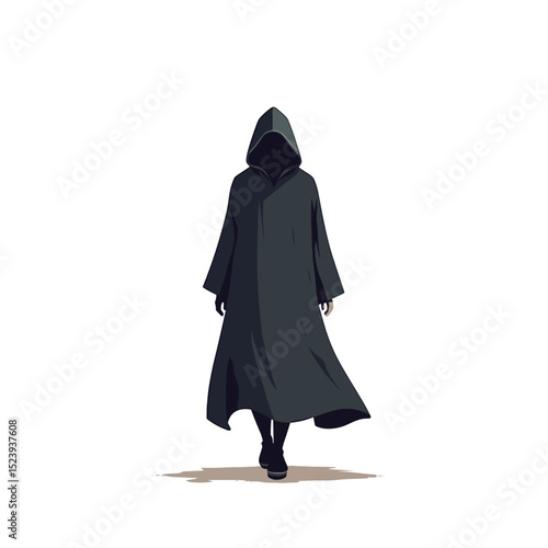 Mysterious Figure in Dark Cloak with Hooded Silhouette Walking Forward Illustration