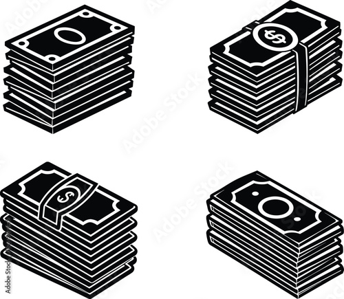 Stacks of money banknotes cash wealth finance signs silhouette vector illustration symbol