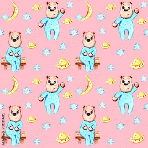 Cute bears and stars, moon, alien plate on pink background. Watercolor hand painted seamless pattern for kids. Perfect for wallpaper, gift wrap, pattern fill, web page background, summer greeting card