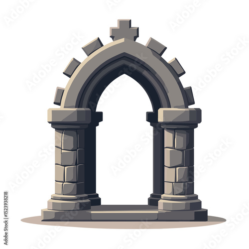 Stone Archway with Gothic Design, Ancient Entrance Illustration with Detailed Stonework and Shadows