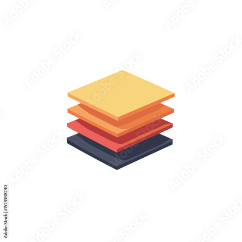 Isometric Stack of Four Square Layers in Yellow, Orange, Red, and Dark Blue, Flat Design