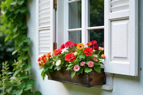 Charming window box overflowing with colorful flowers, nestled beside rustic white shutters Perfect for adding a touch of cottagecore charm to your home decor , wooden, window box, flowers
