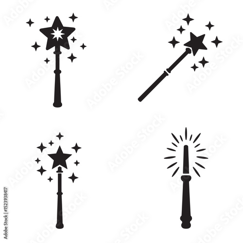 Collection of black silhouette magic wands with sparkling star effects on white background