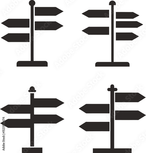 Direction signpost icons showing various directions, A set of simple black and white directional signpost sign suitable for use in maps or navigation applications