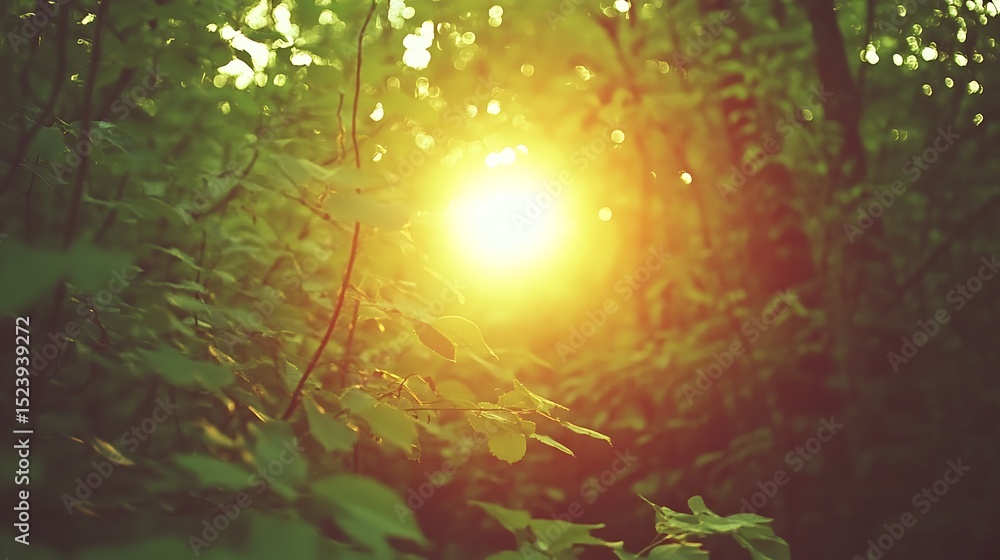 Naklejka premium Radiant Sunlight Filtering Through Lush Green Forest Canopy Scene