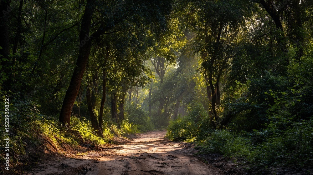 Obraz premium A forest path lined with tall trees leads into the distance, the sun shines through the leaves, and in front of it is an open clearing that exudes serenity.