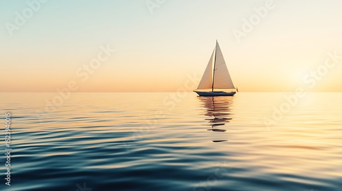 Serene sailboat sailing on calm waters reflecting sunlight at sunset or sunrise