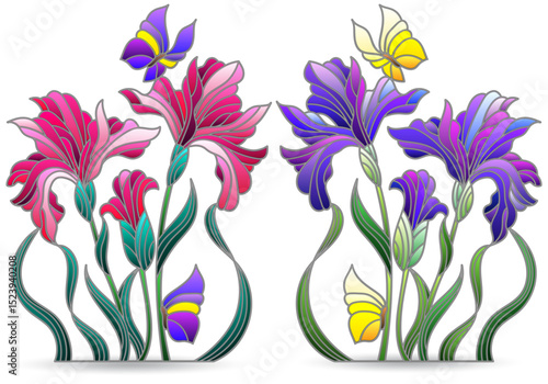 A set of stained glass illustrations with compositions of iris flowers, isolated on a white background