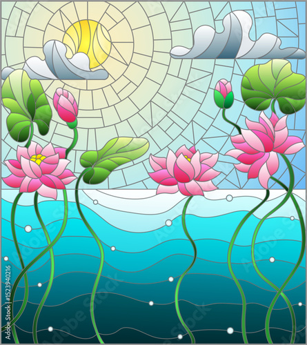 Illustration in the style of stained glass with a water landscape, Lotus flowers against the background of the pond, sky and sun