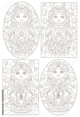 A set of contour illustrations in the style of stained glass with Russian dolls, dark contours on a white background
