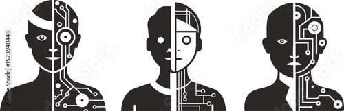 Humanoid robots half human half machine artificial intelligence future technology, virtual assistant vector illustration symbol