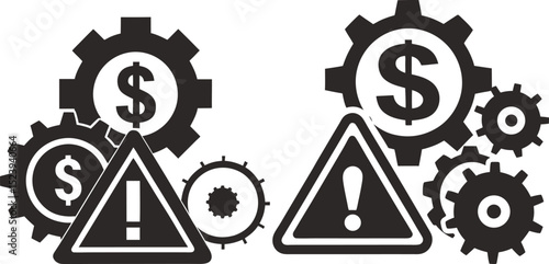Financial risk warning gears and dollar signs show potential problems, Financial risk and potential problems in a business or financial system silhouette vector illustration symbol