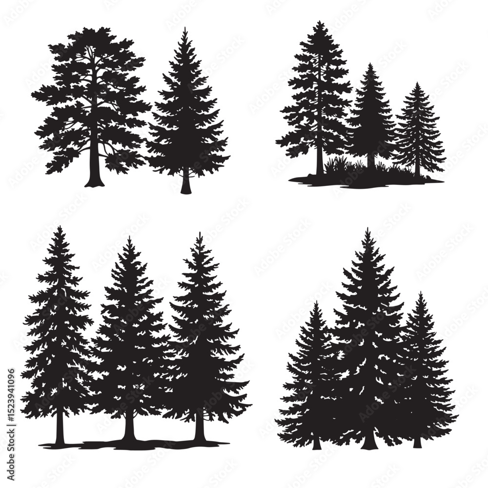 Fototapeta premium Black silhouette illustrations of evergreen trees in various groupings for nature and design projects