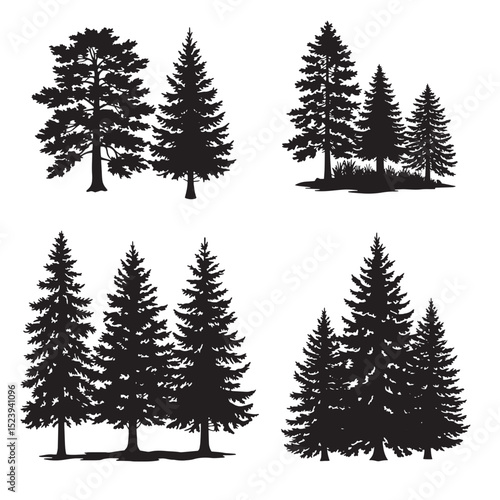 Black silhouette illustrations of evergreen trees in various groupings for nature and design projects
